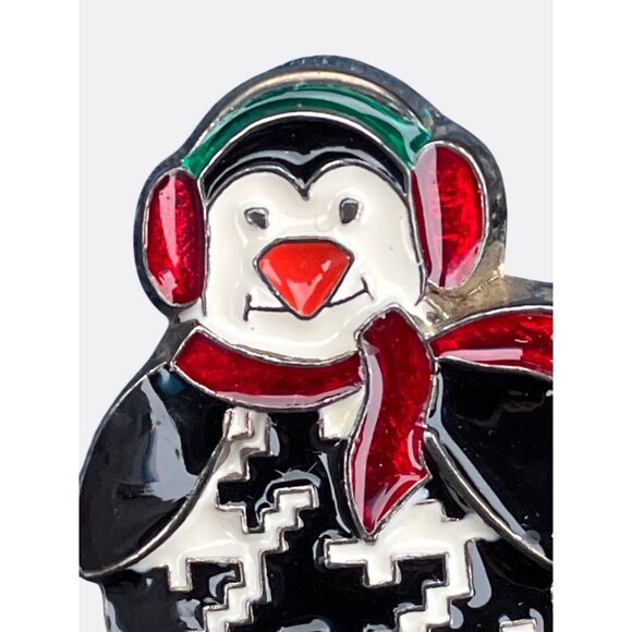 Penguin Brooch Enamel Pin With Red Scarf and Ear Muffs Winter Theme Jewelry - Picture 2 of 9